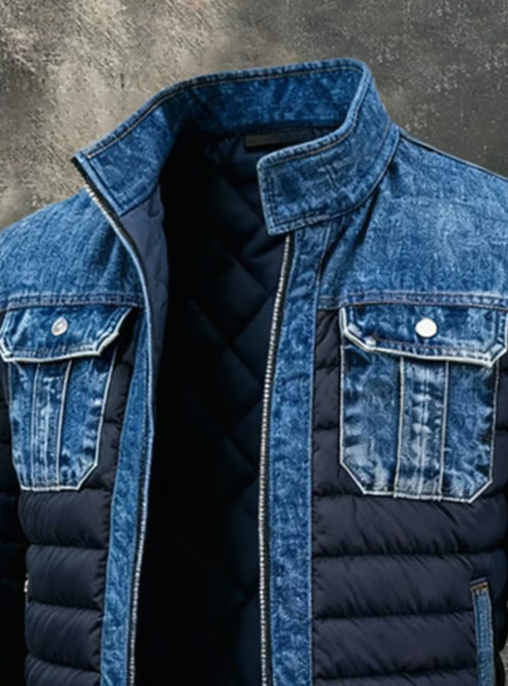 Men's Quilted Denim Hybrid Puffer Winter Jacket