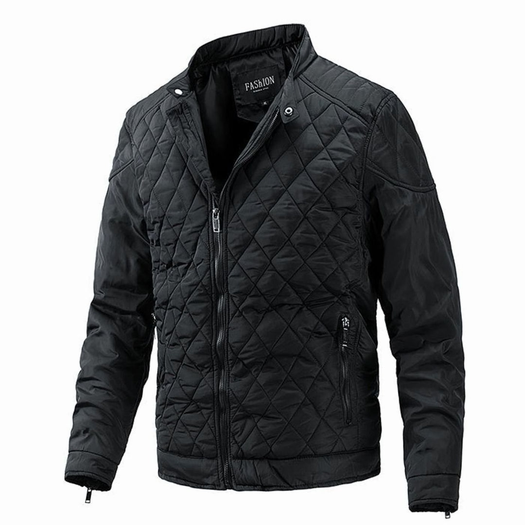 Men's Quilted Diamond-Stitch Zip-Up Padded Jacket - Black