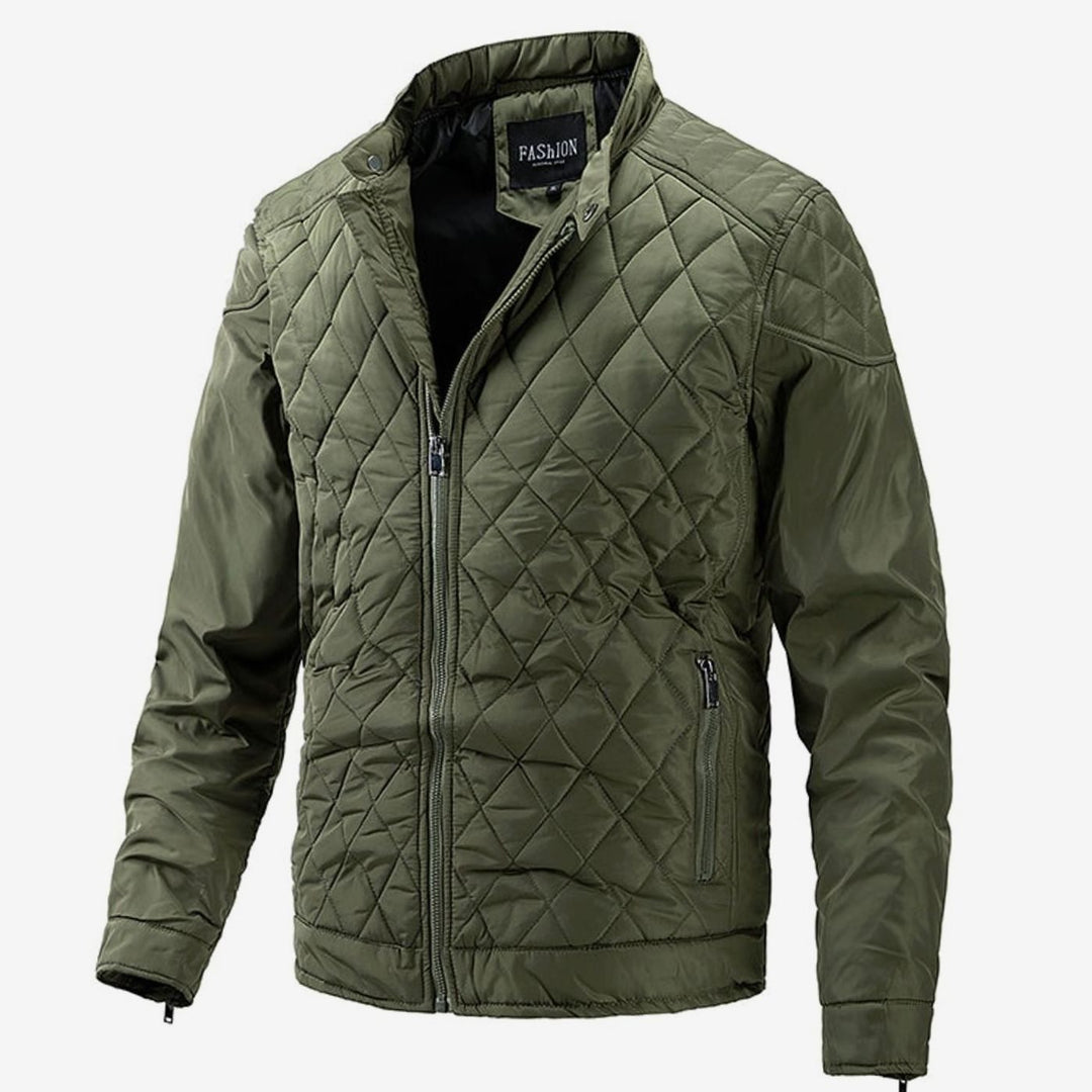 Men's Quilted Diamond-Stitch Zip-Up Padded Jacket - Green