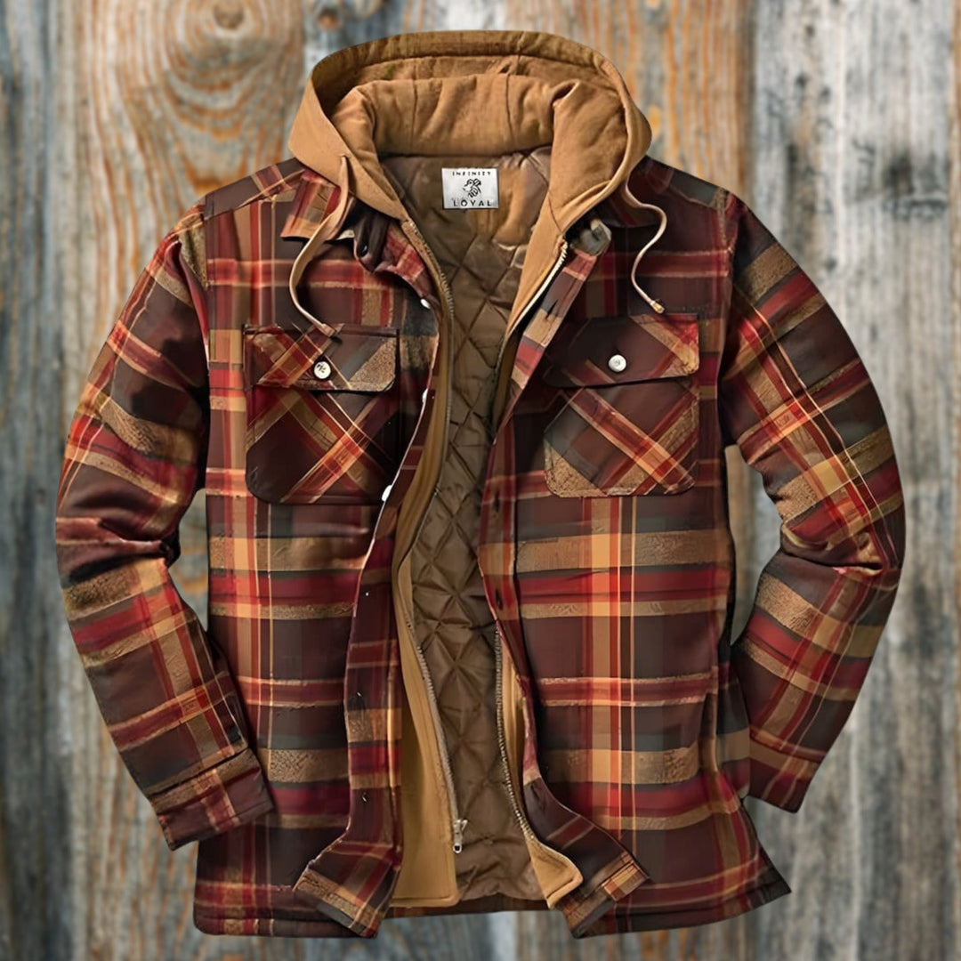 Men's Quilted-Lined Hooded Flannel Checked Shirt Jacket - Brown