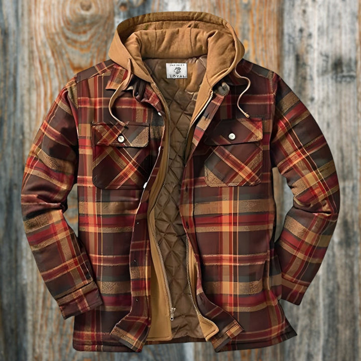 Men's Quilted-Lined Hooded Flannel Checked Shirt Jacket - Brown