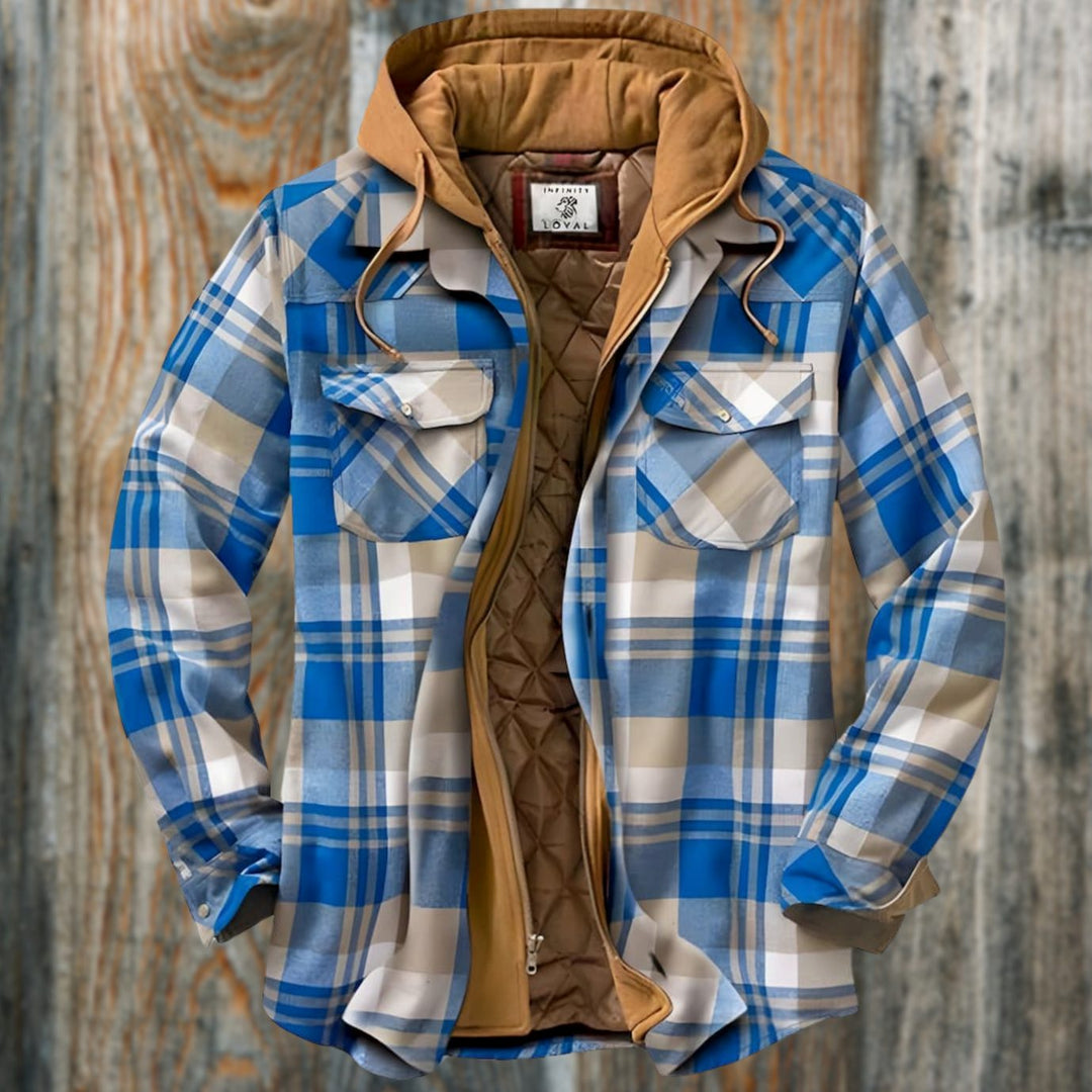 Men's Quilted-Lined Hooded Flannel Checked Shirt Jacket - Blue