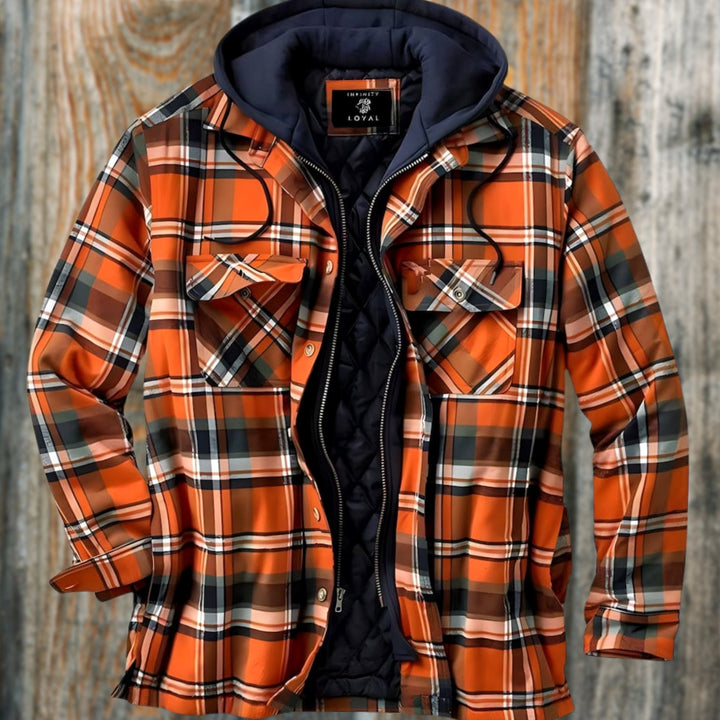 Men's Quilted-Lined Hooded Flannel Checked Shirt Jacket - Orange