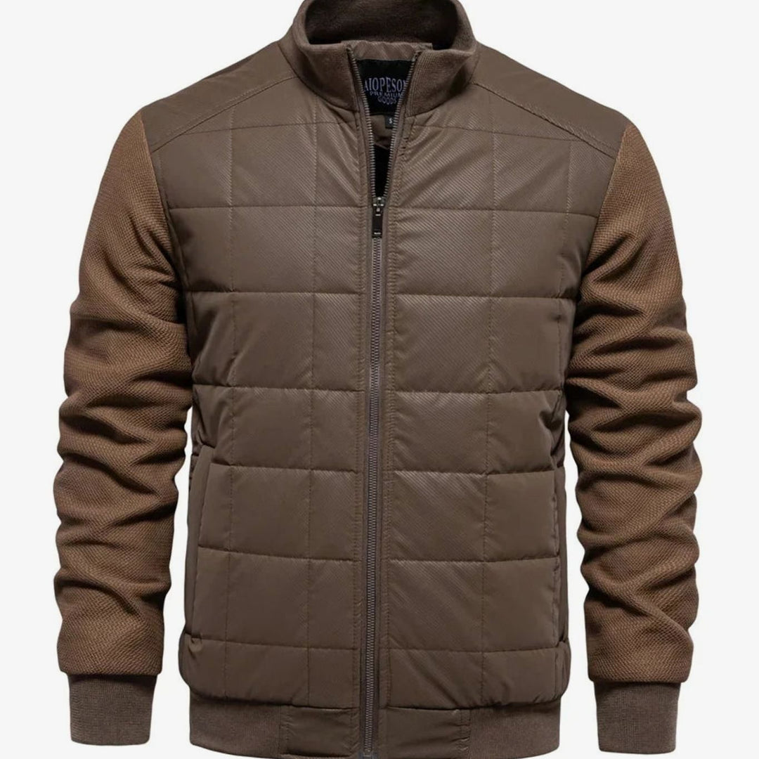 Men's Quilted Puffer Knit-Sleeve Zip-Up Winter Jacket - Brown