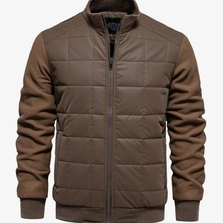 Men's Quilted Puffer Knit-Sleeve Zip-Up Winter Jacket - Brown