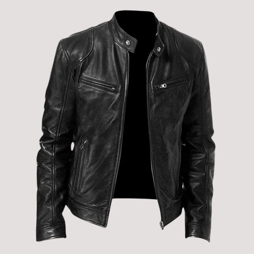 Men's Regular-Fit Stand-Collar Leather Biker Jacket - Black