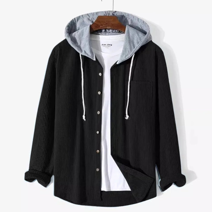 Men's Relaxed-Fit Hooded Corduroy Button-Front Overshirt - Black