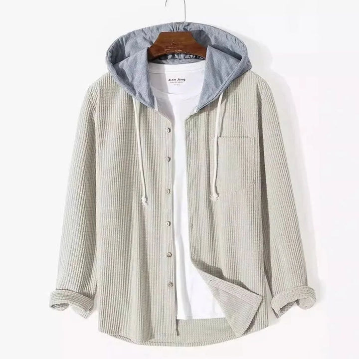 Men's Relaxed-Fit Hooded Corduroy Button-Front Overshirt - Beige
