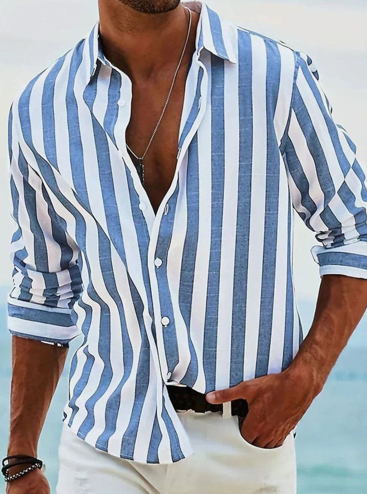 Men's Relaxed-Fit Striped Long-Sleeve Casual Shirt - Blue