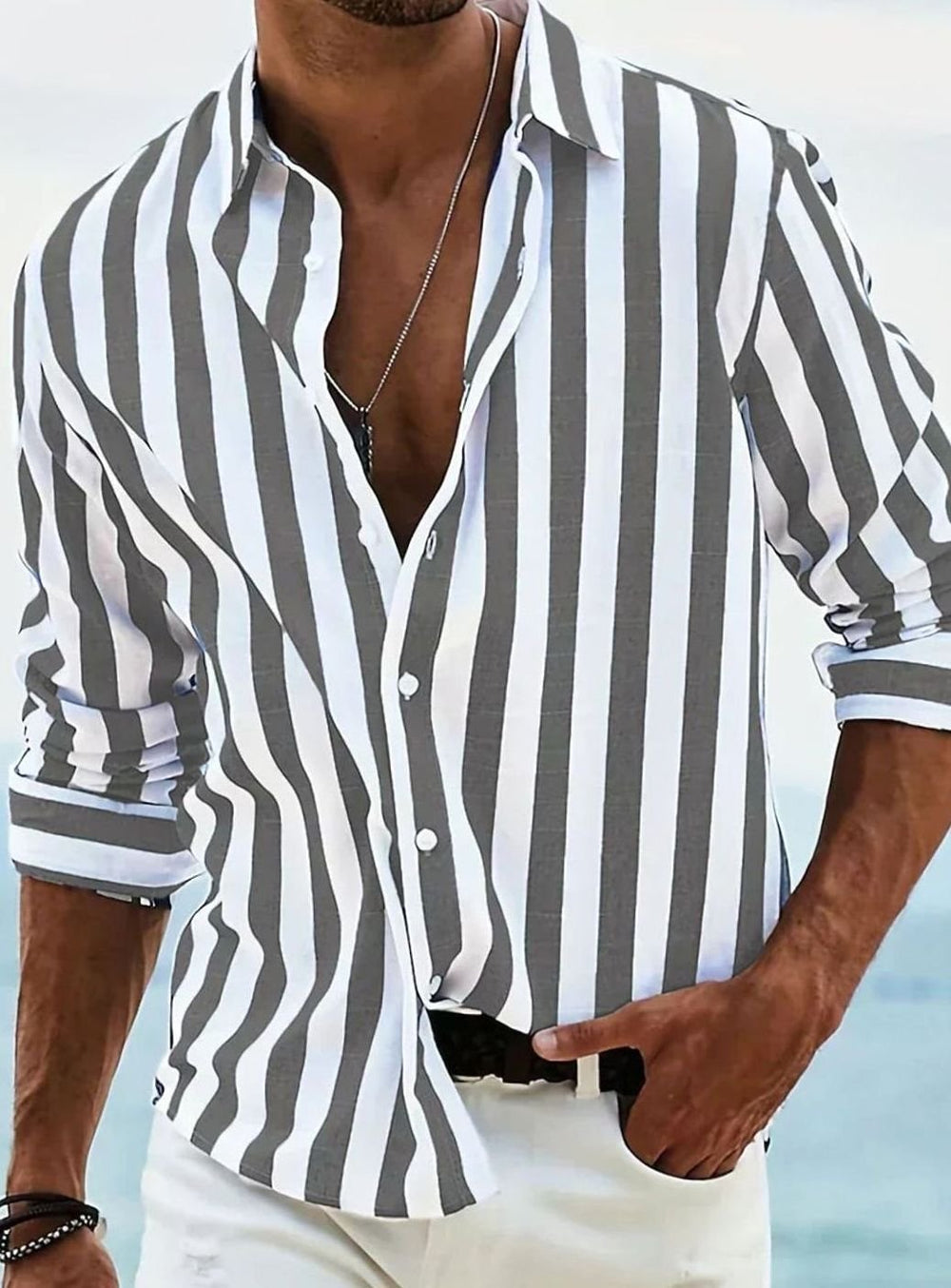 Men's Relaxed-Fit Striped Long-Sleeve Casual Shirt - Dark Grey