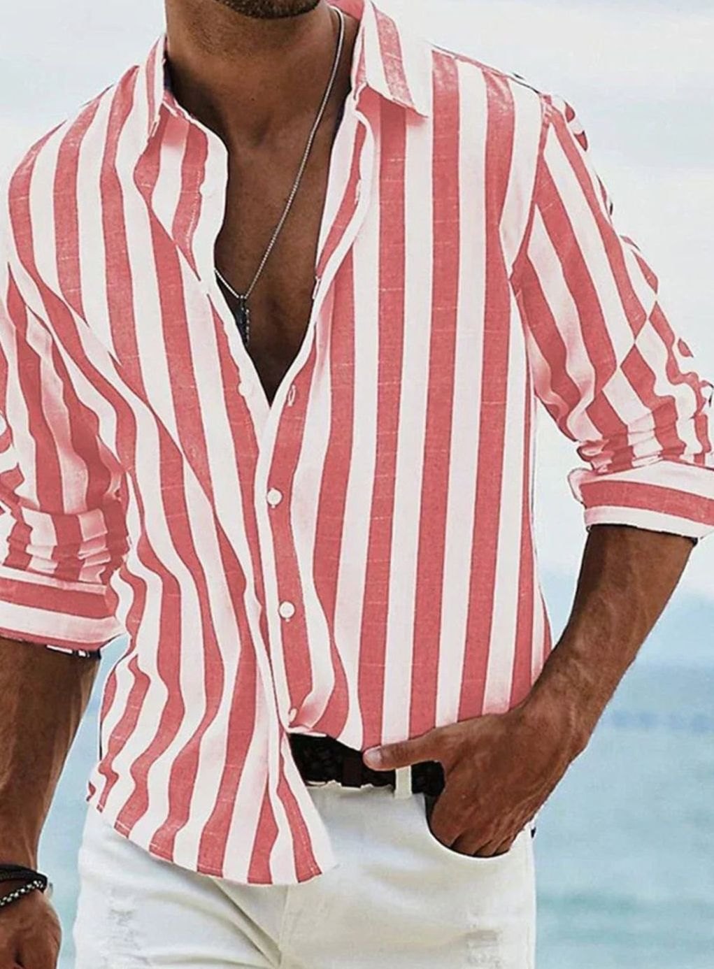 Men's Relaxed-Fit Striped Long-Sleeve Casual Shirt - Red