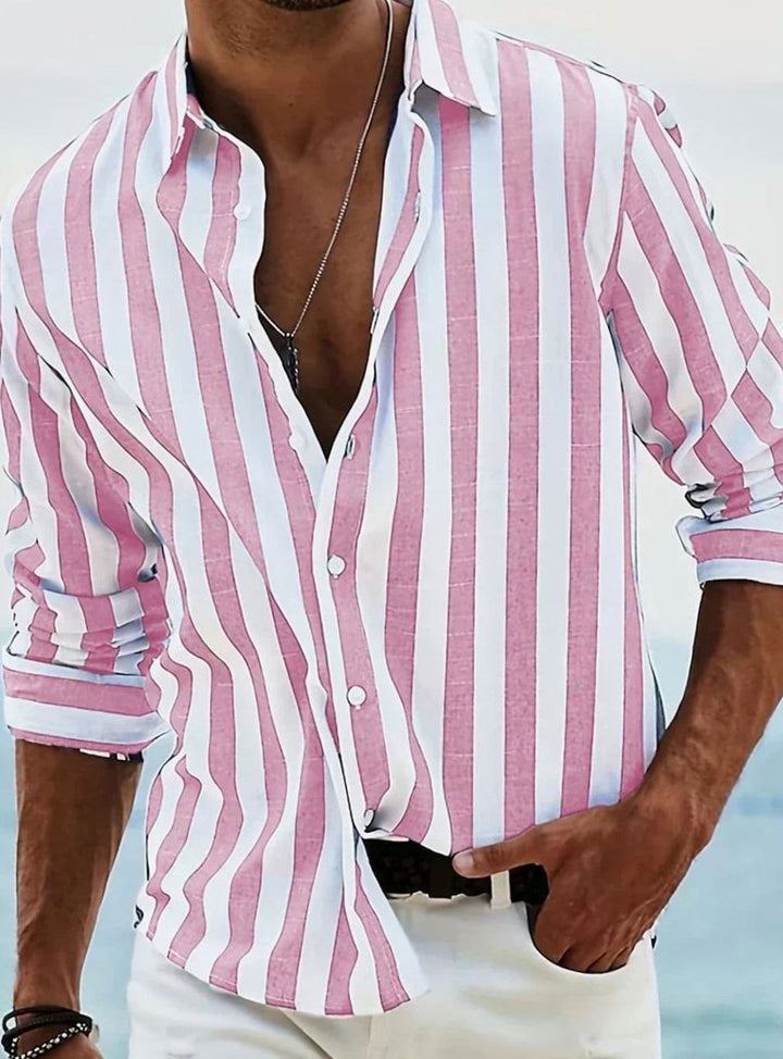Men's Relaxed-Fit Striped Long-Sleeve Casual Shirt - Pink