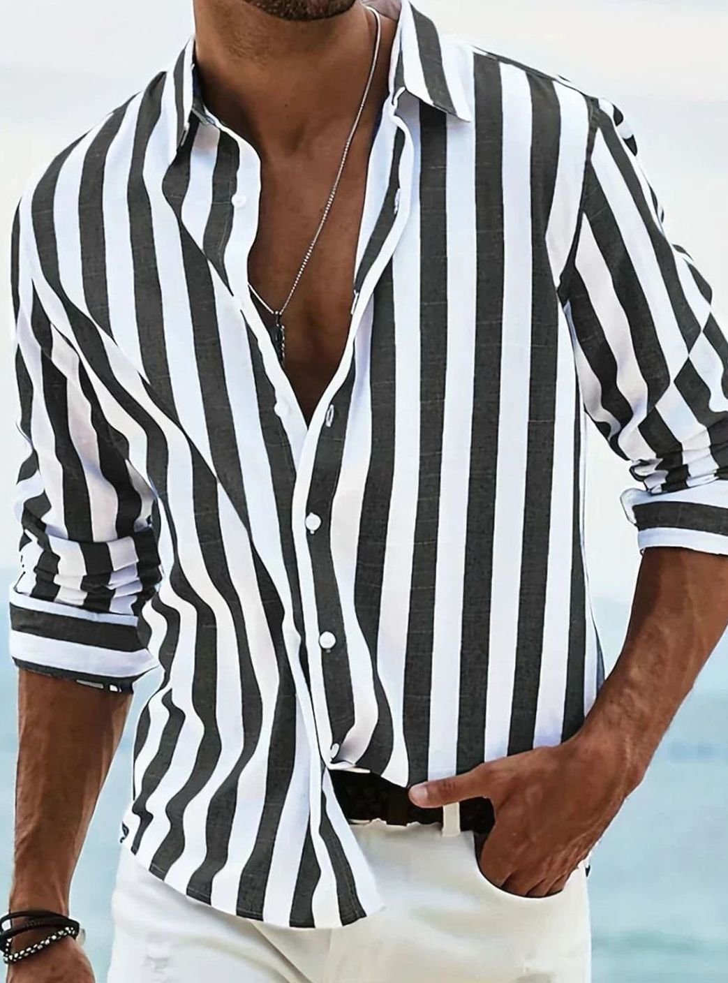 Men's Relaxed-Fit Striped Long-Sleeve Casual Shirt - Black