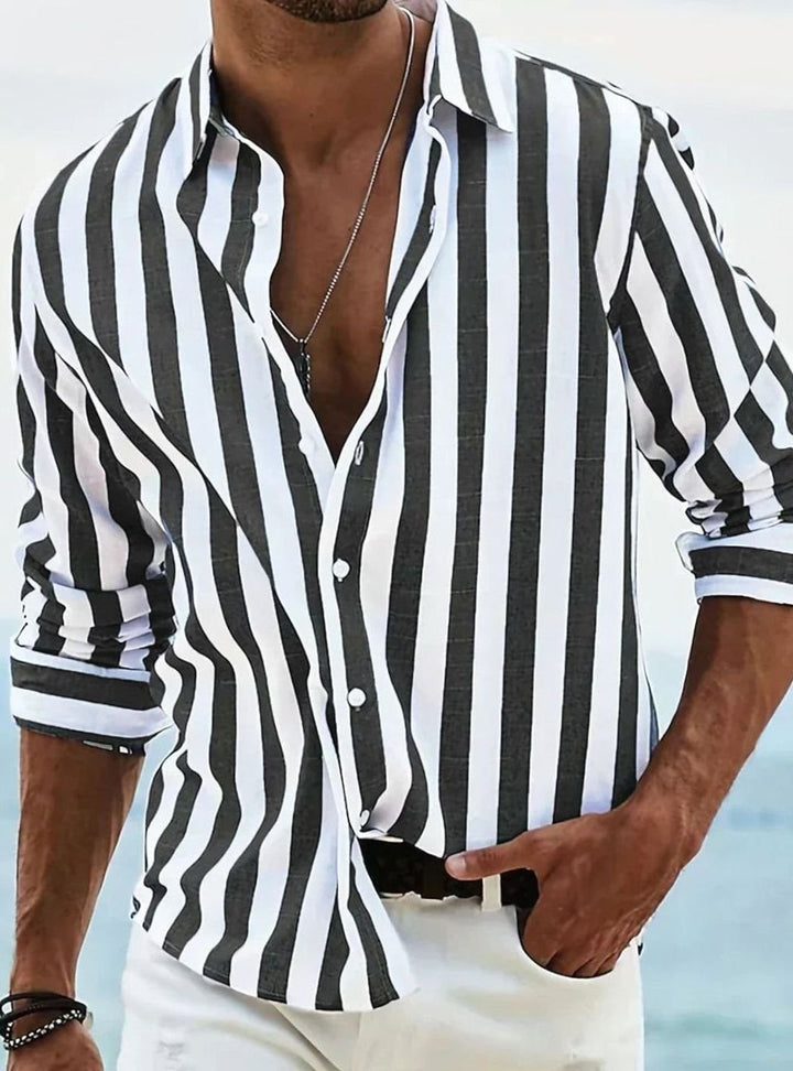 Men's Relaxed-Fit Striped Long-Sleeve Casual Shirt - Black
