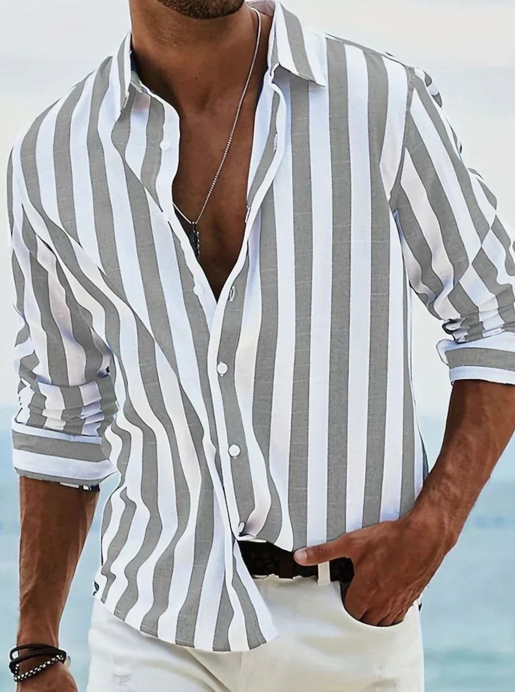 Men's Relaxed-Fit Striped Long-Sleeve Casual Shirt - Light Grey
