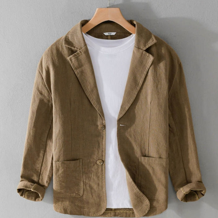 Men's Relaxed-Fit Two-Button Linen Blazer Patch Pockets - Coffee