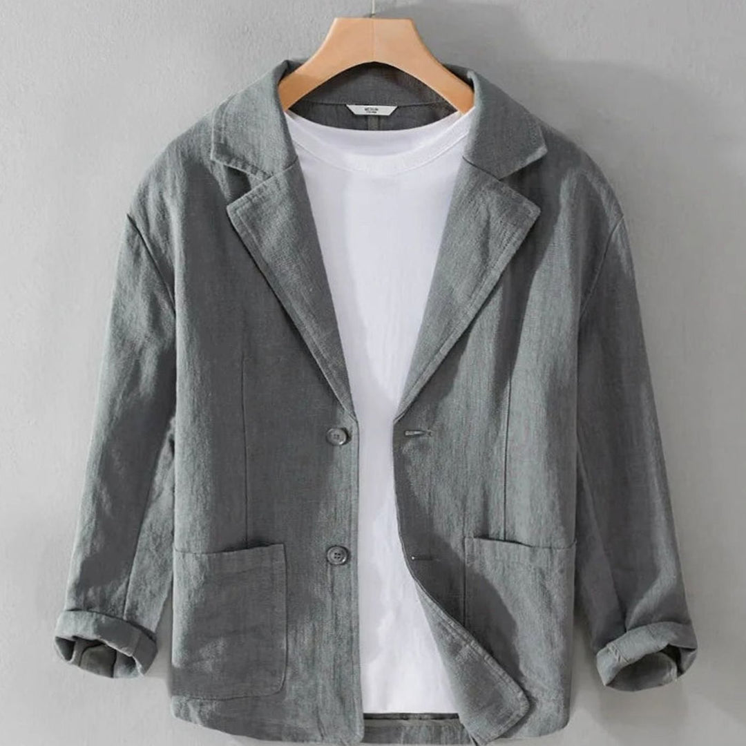 Men's Relaxed-Fit Two-Button Linen Blazer Patch Pockets - Dark Grey