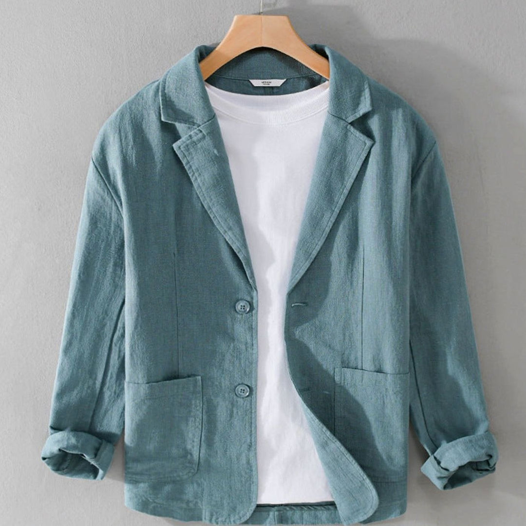 Men's Relaxed-Fit Two-Button Linen Blazer Patch Pockets - Azure
