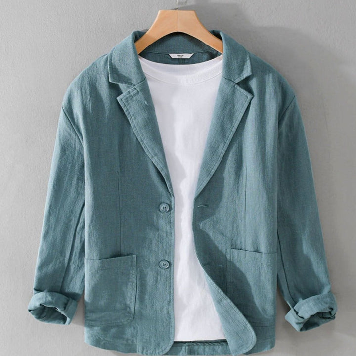 Men's Relaxed-Fit Two-Button Linen Blazer Patch Pockets - Azure