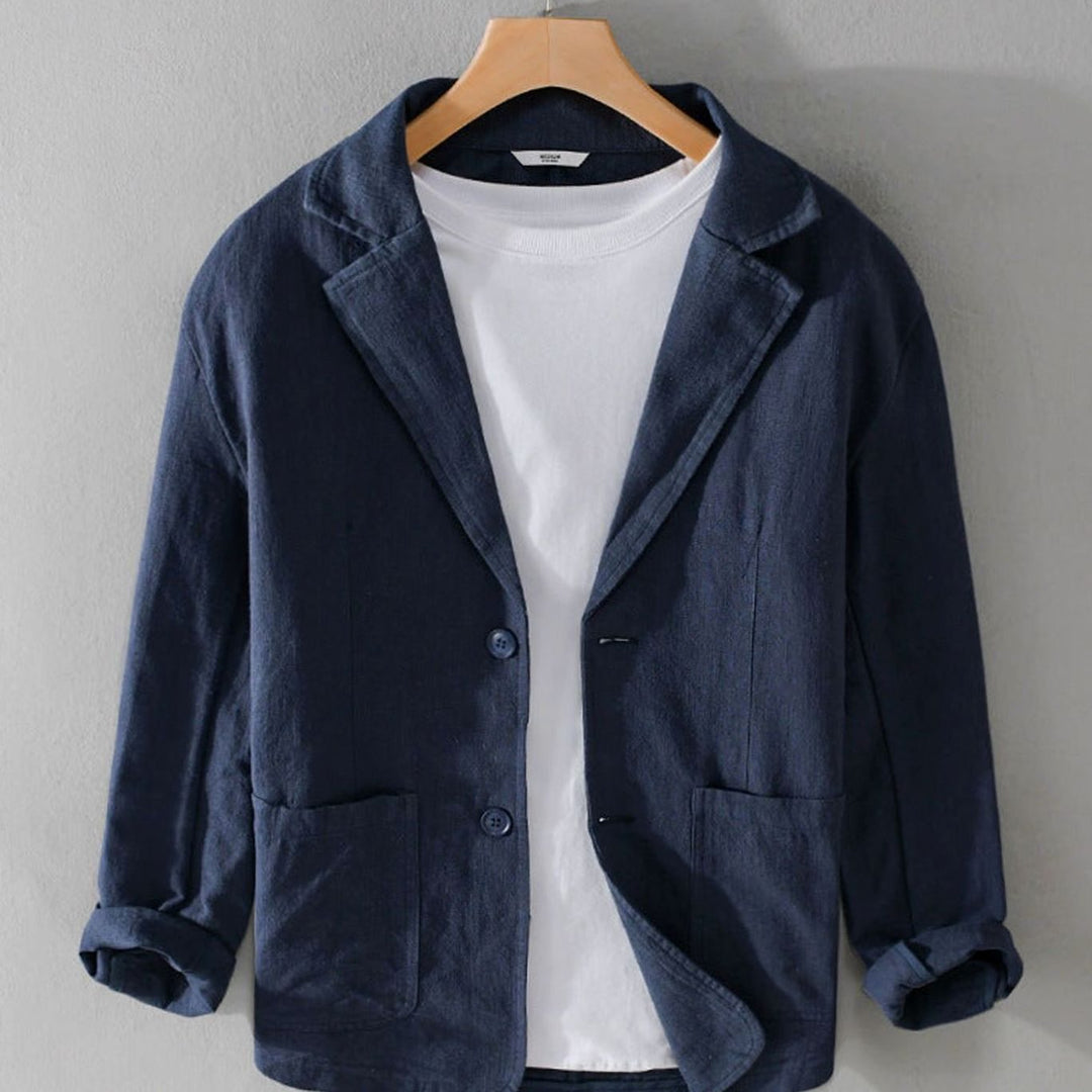 Men's Relaxed-Fit Two-Button Linen Blazer Patch Pockets - Dark Navy