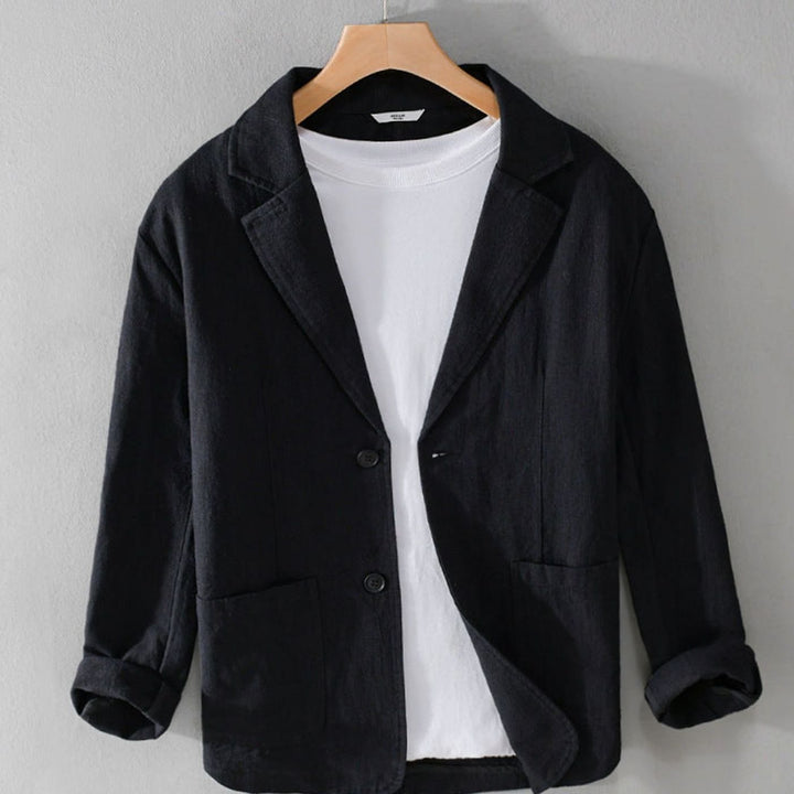 Men's Relaxed-Fit Two-Button Linen Blazer Patch Pockets - Black
