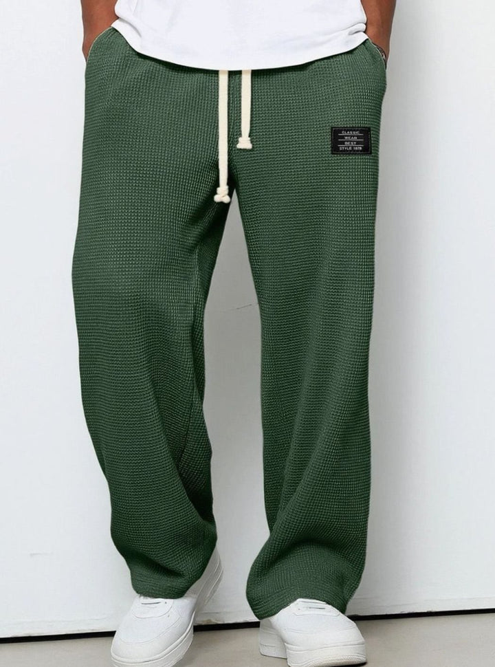 Men's Relaxed Straight-Fit Waffle-Knit Drawstring Trousers - Dark Green