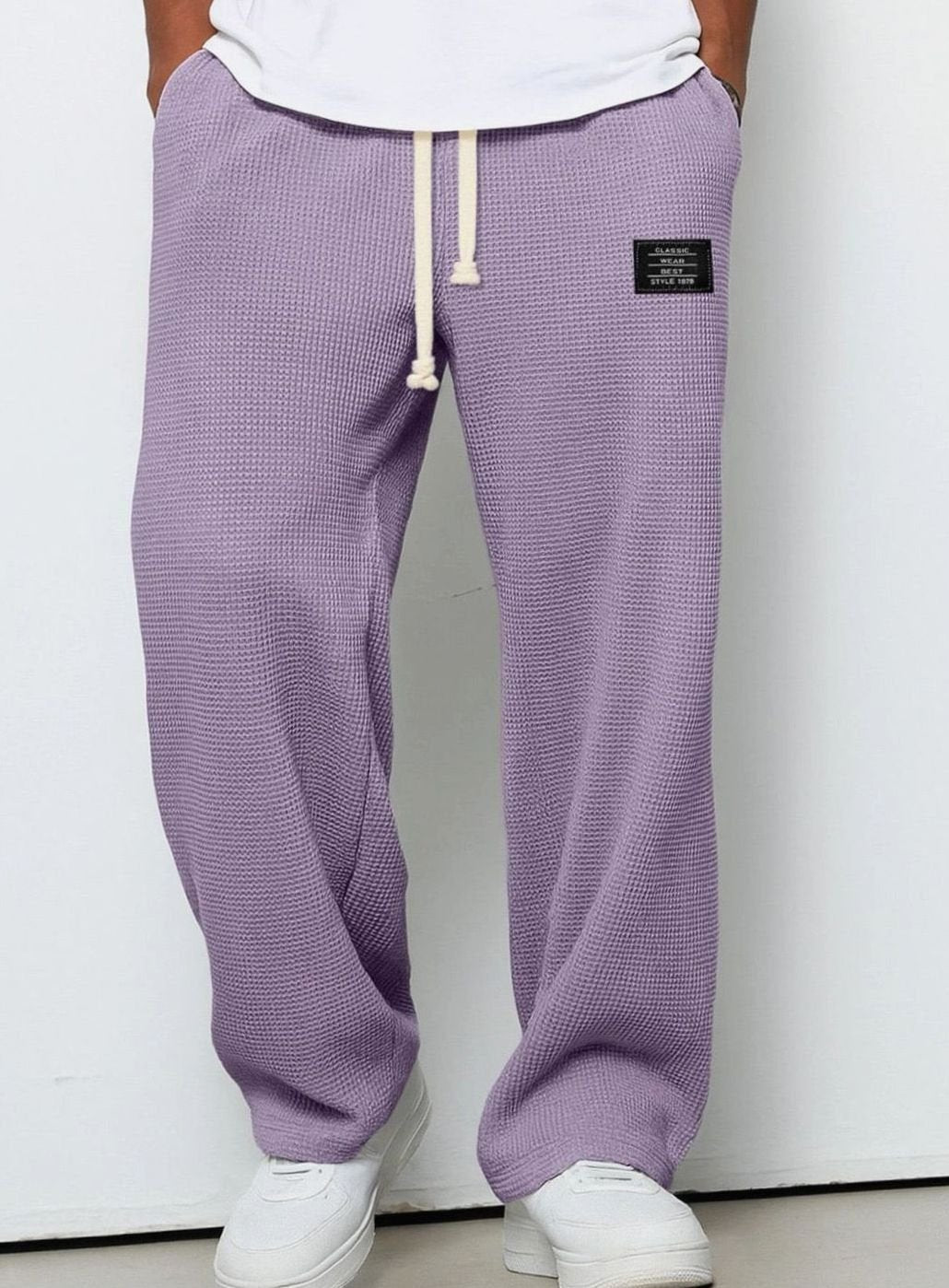 Men's Relaxed Straight-Fit Waffle-Knit Drawstring Trousers - Purple