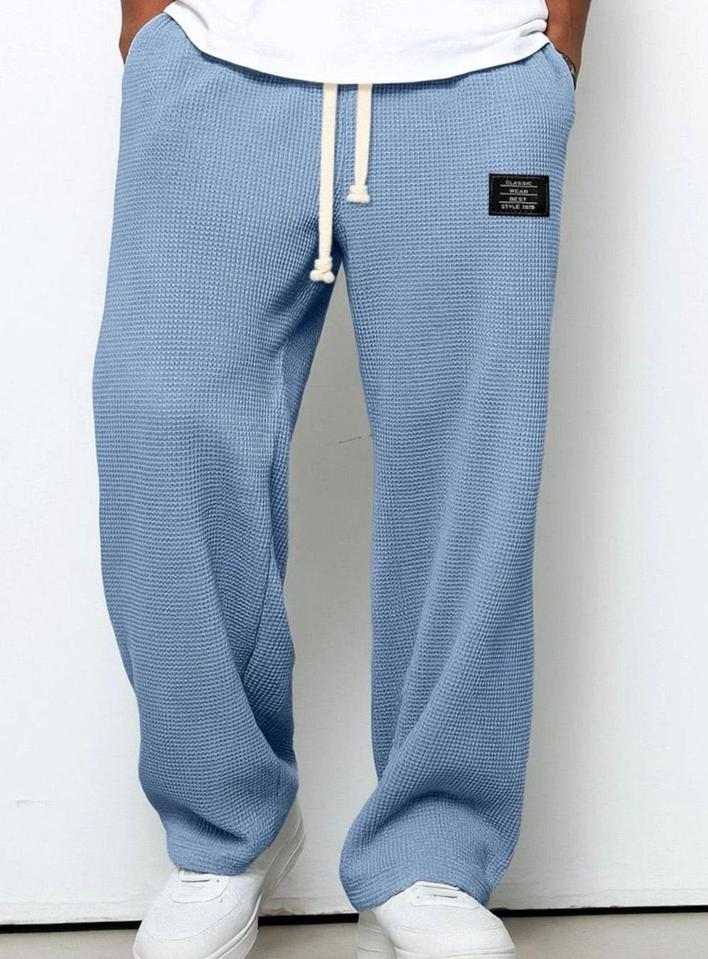 Men's Relaxed Straight-Fit Waffle-Knit Drawstring Trousers - Sky Blue