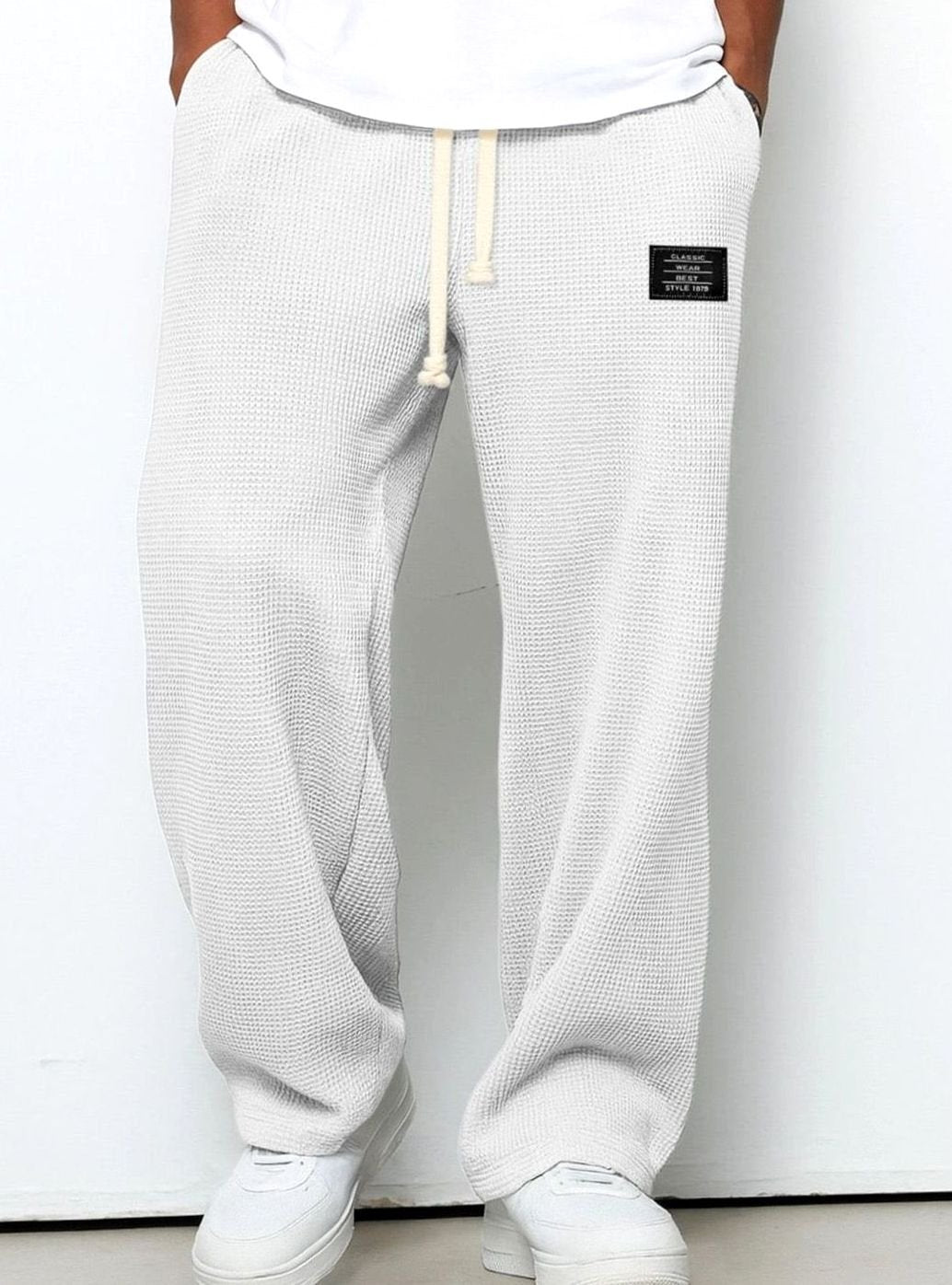 Men's Relaxed Straight-Fit Waffle-Knit Drawstring Trousers - White