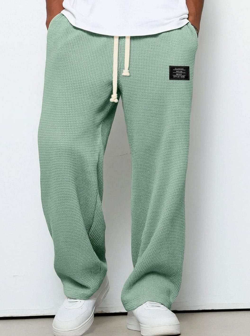 Men's Relaxed Straight-Fit Waffle-Knit Drawstring Trousers - Green
