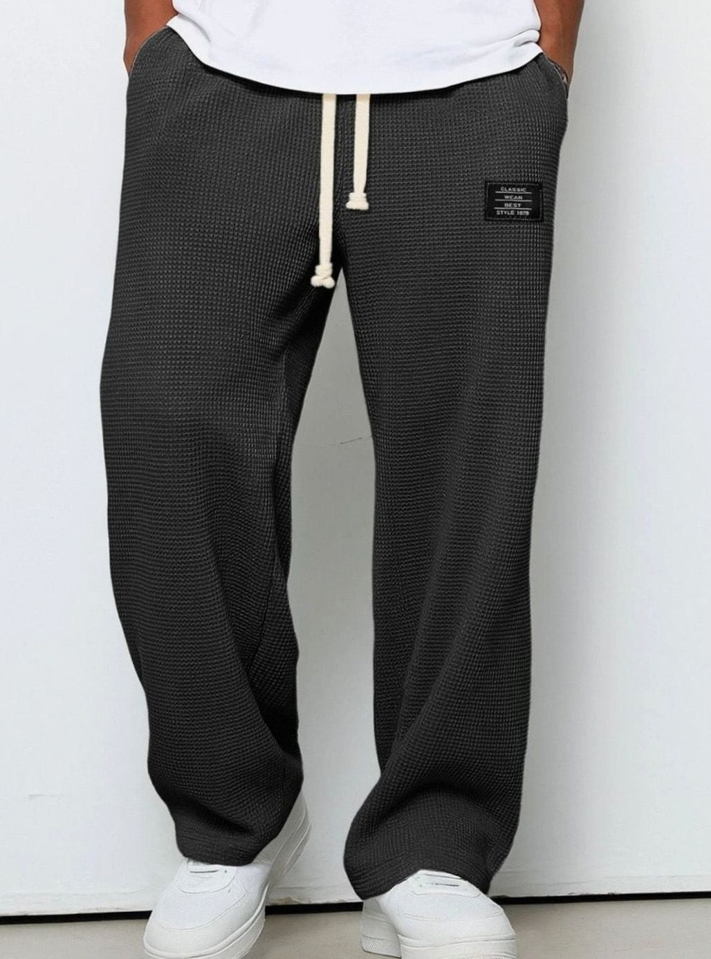 Men's Relaxed Straight-Fit Waffle-Knit Drawstring Trousers - Black