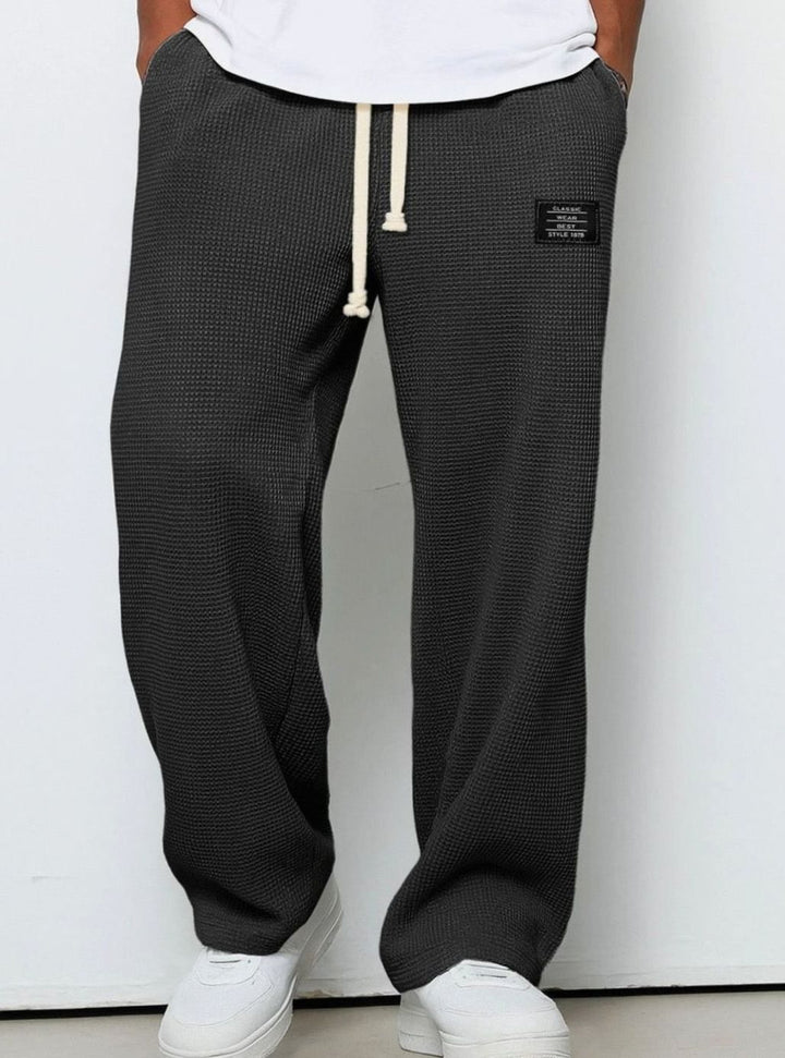 Men's Relaxed Straight-Fit Waffle-Knit Drawstring Trousers - Black