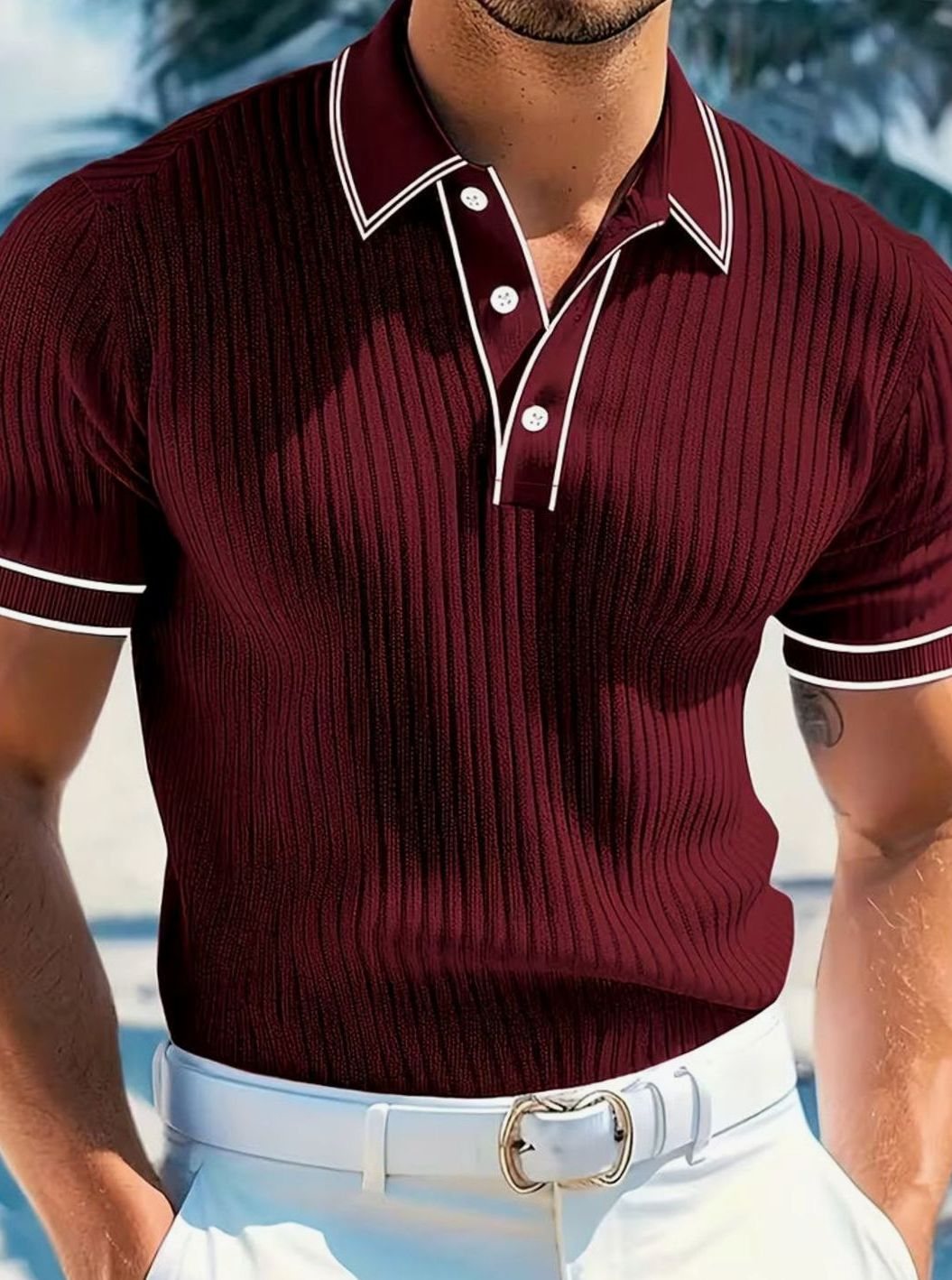 Men's Ribbed Knit Contrast-Trim Short Sleeve Polo Shirt - Red