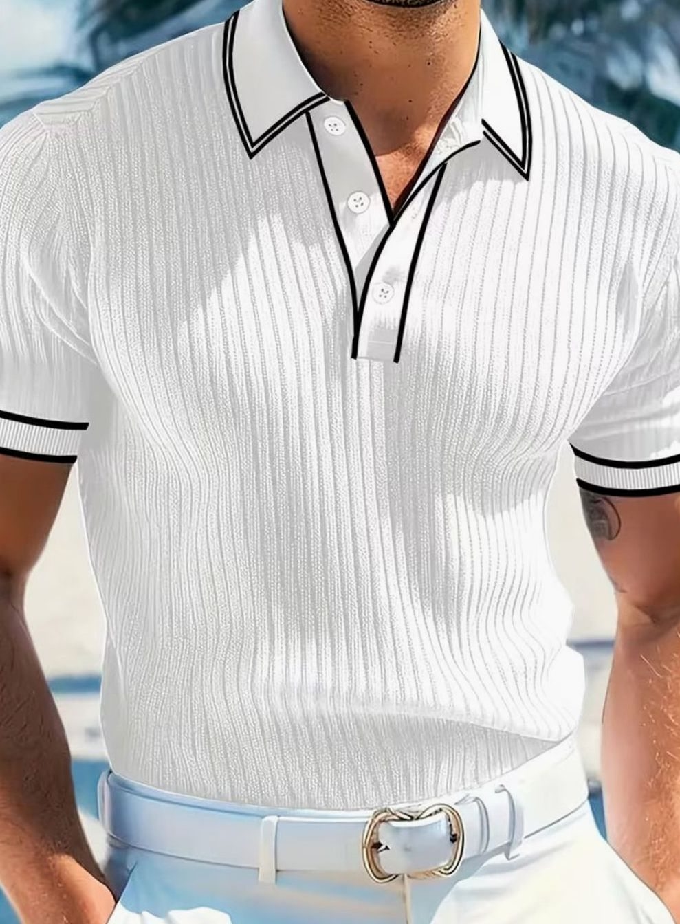 Men's Ribbed Knit Contrast-Trim Short Sleeve Polo Shirt - White