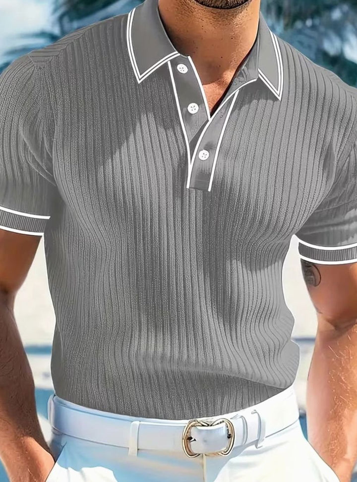 Men's Ribbed Knit Contrast-Trim Short Sleeve Polo Shirt - Grey