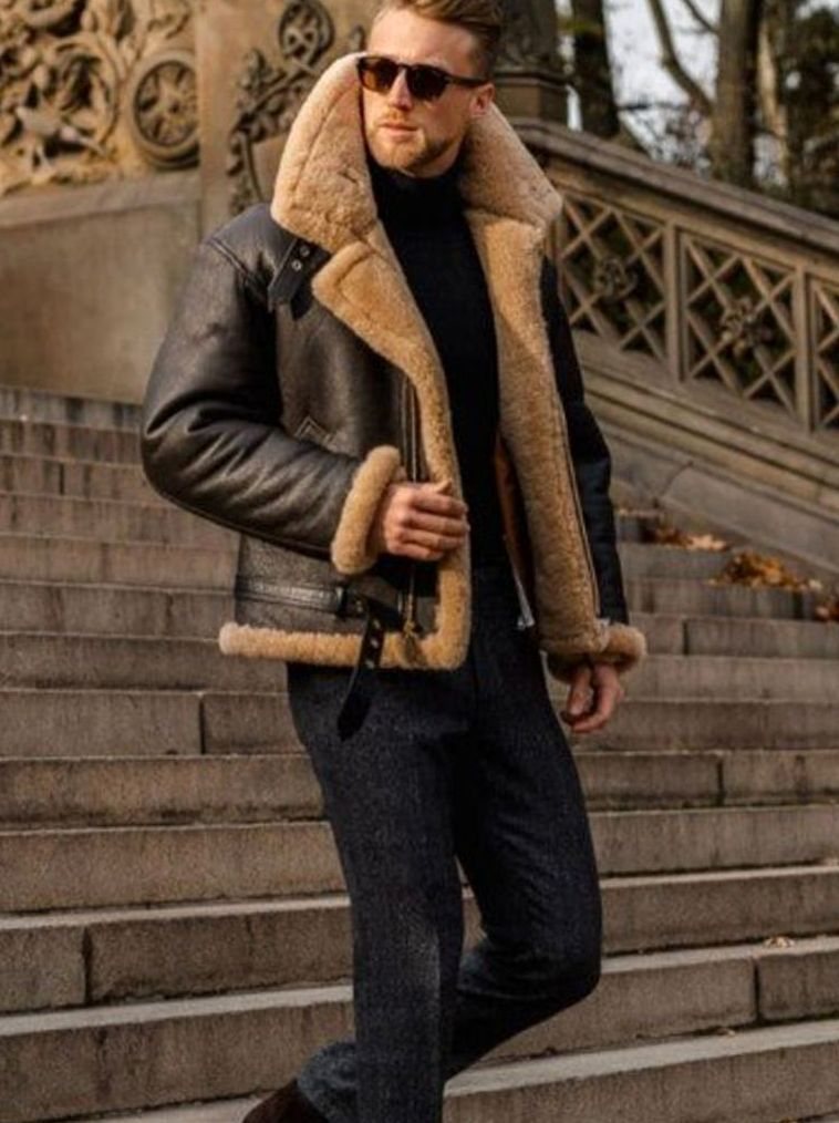 Men's Shearling-Lined Zip-Up Aviator Leather Jacket