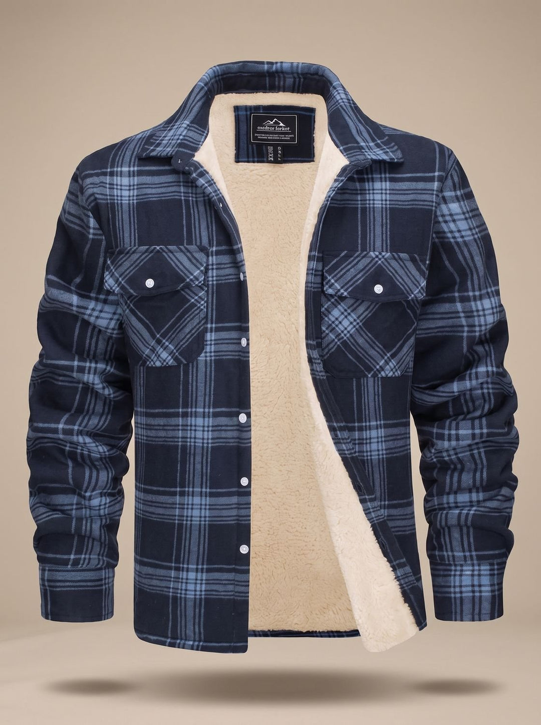 Men's Sherpa Lined Flannel Shirt Jacket Fleece Plaid Overshirt - Navy Blue