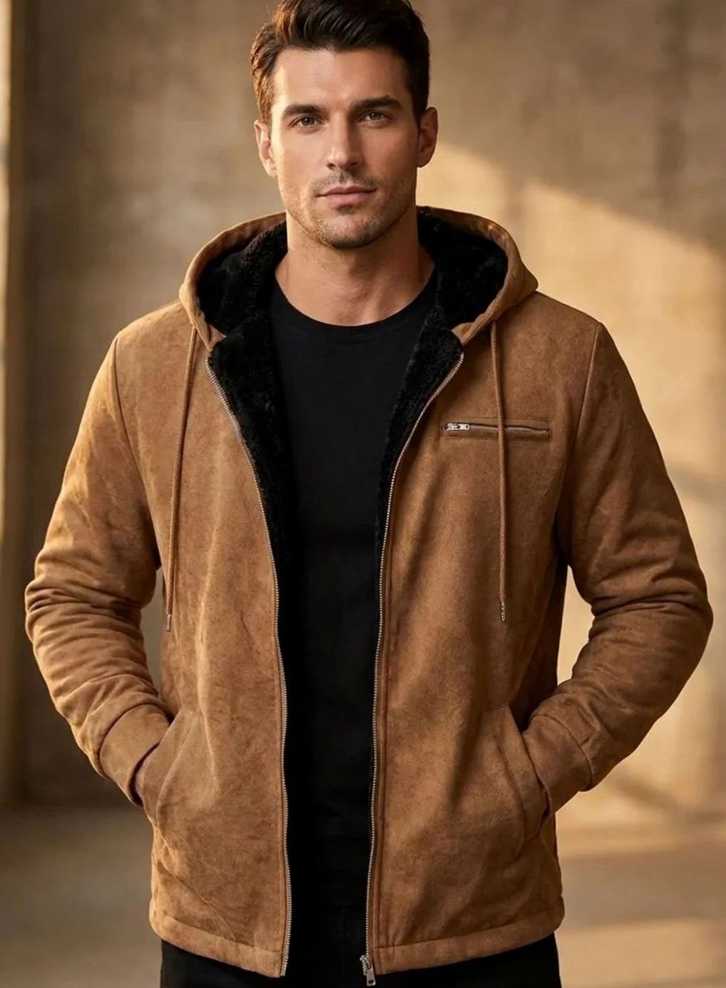 Men's Sherpa-Lined Hooded Faux Suede Zip-Up Jacket