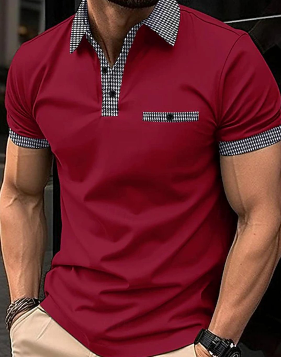 Men's Short-Sleeve Houndstooth Collar Polo Shirt - Red