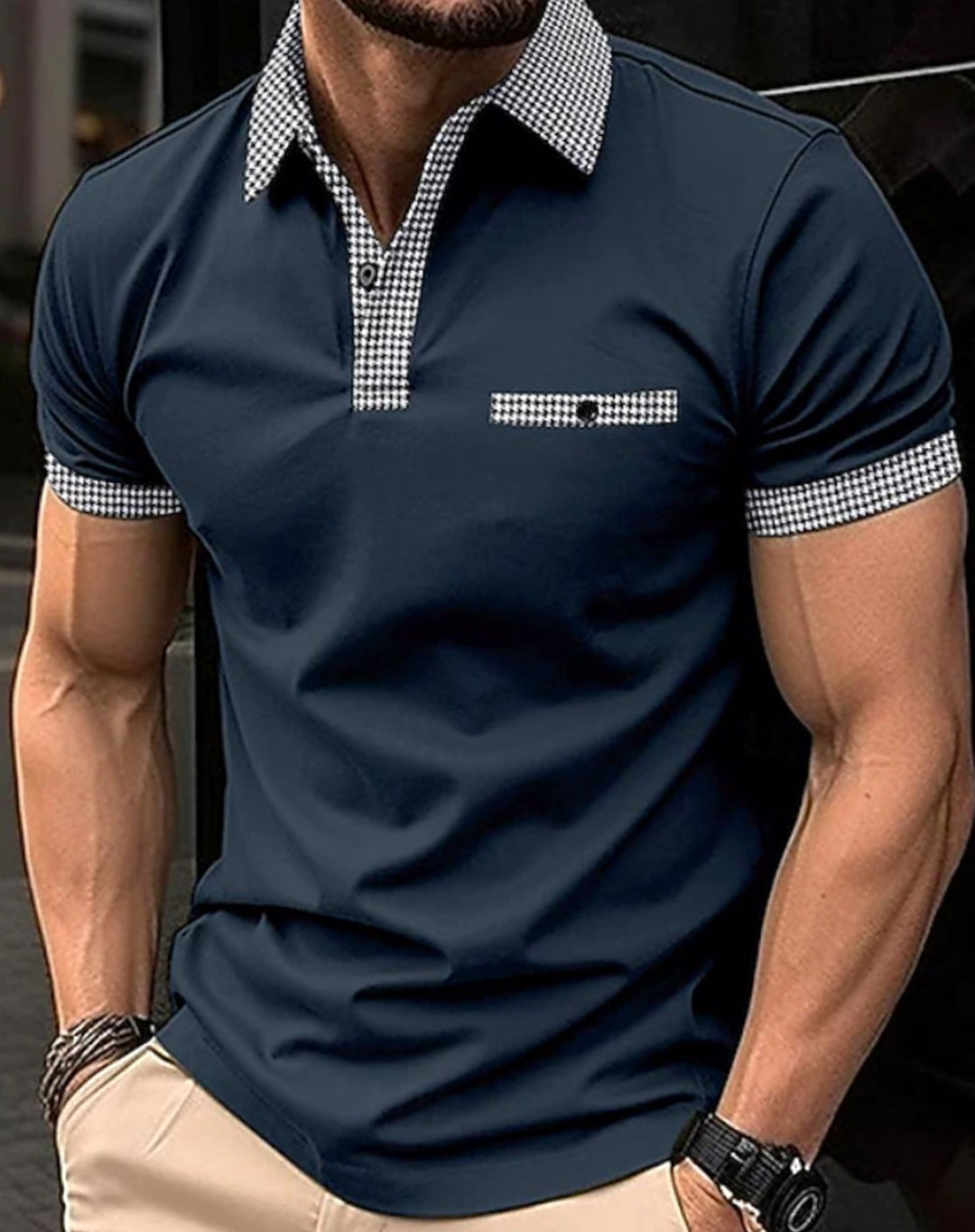 Men's Short-Sleeve Houndstooth Collar Polo Shirt - Navy Blue