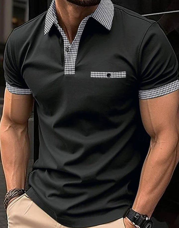 Men's Short-Sleeve Houndstooth Collar Polo Shirt - Black