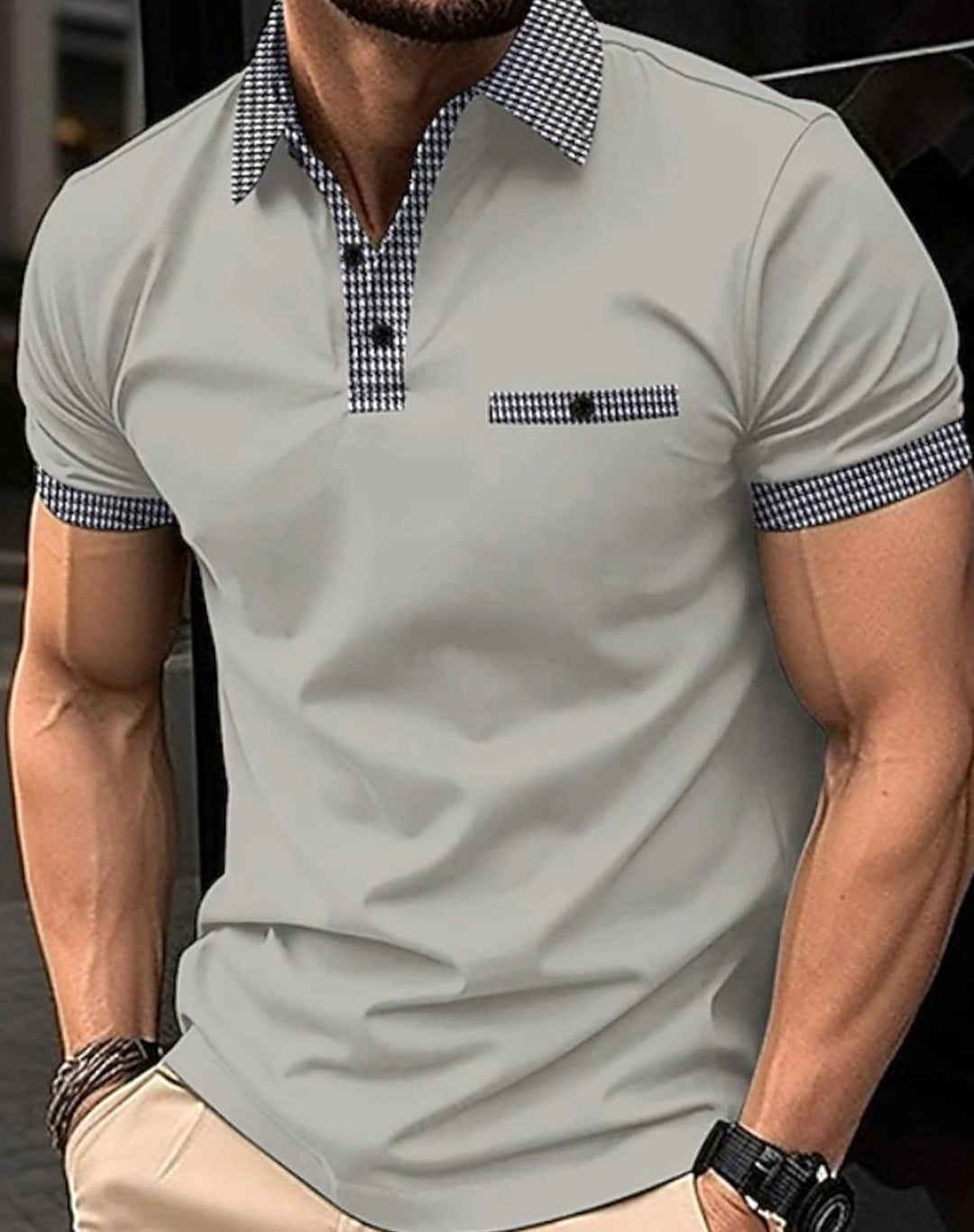 Men's Short-Sleeve Houndstooth Collar Polo Shirt - Grey