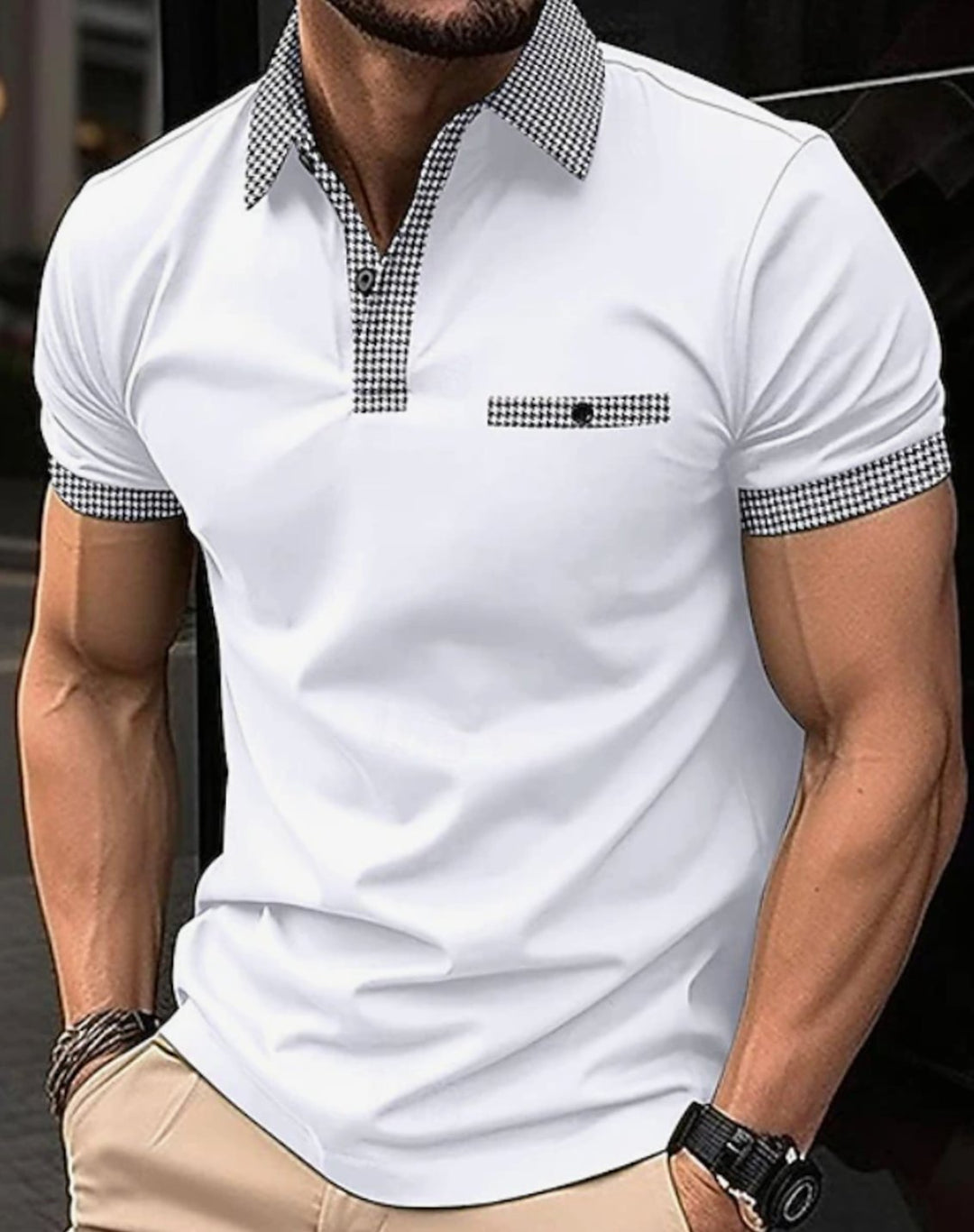 Men's Short-Sleeve Houndstooth Collar Polo Shirt - White