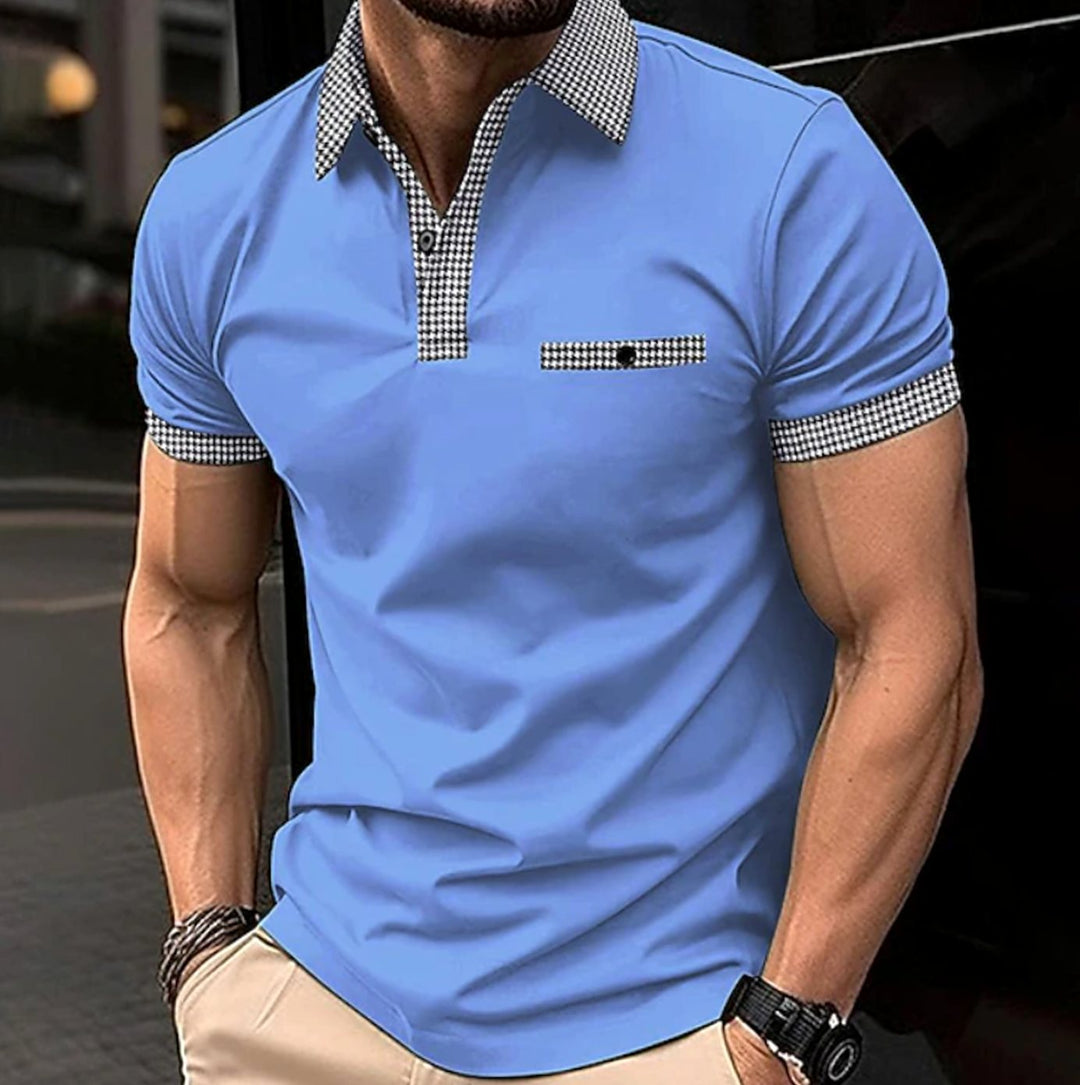Men's Short-Sleeve Houndstooth Collar Polo Shirt - Blue