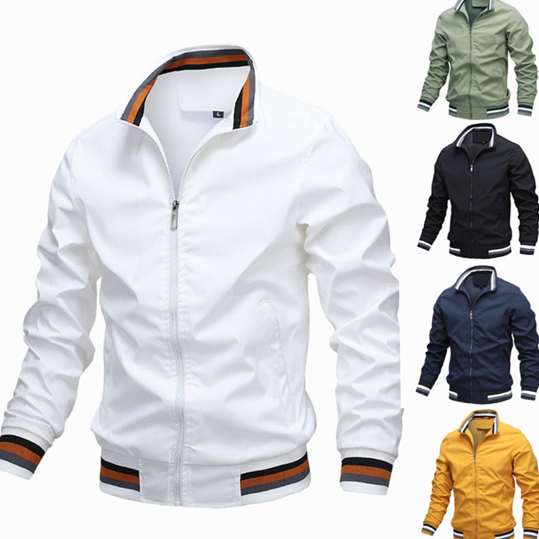 Men's Slim-Fit Full-Zip Bomber Jacket Striped Ribbed Cuffs