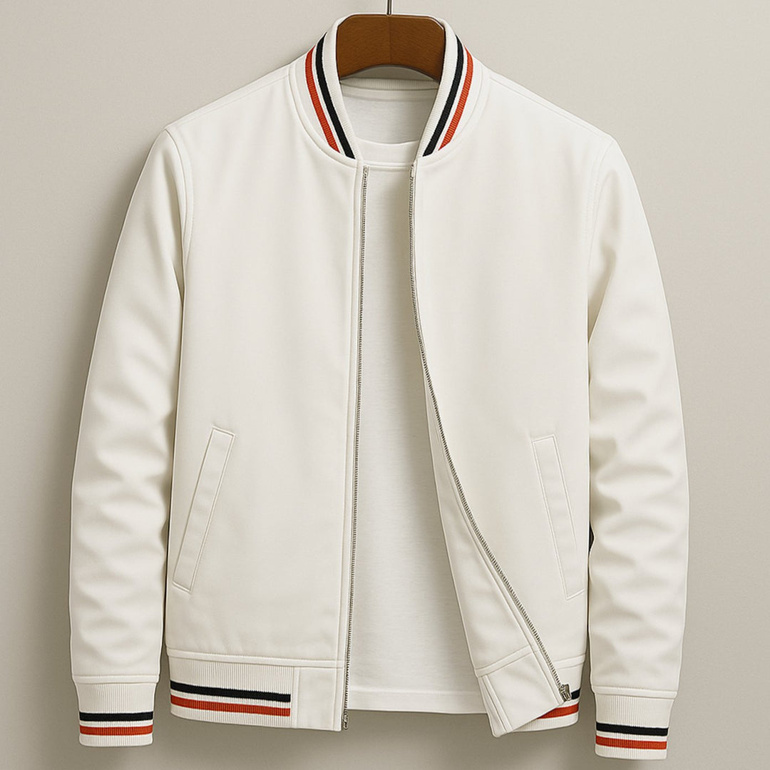 Men's Slim-Fit Zip-Up Bomber Jacket Striped Ribbed Trim - White