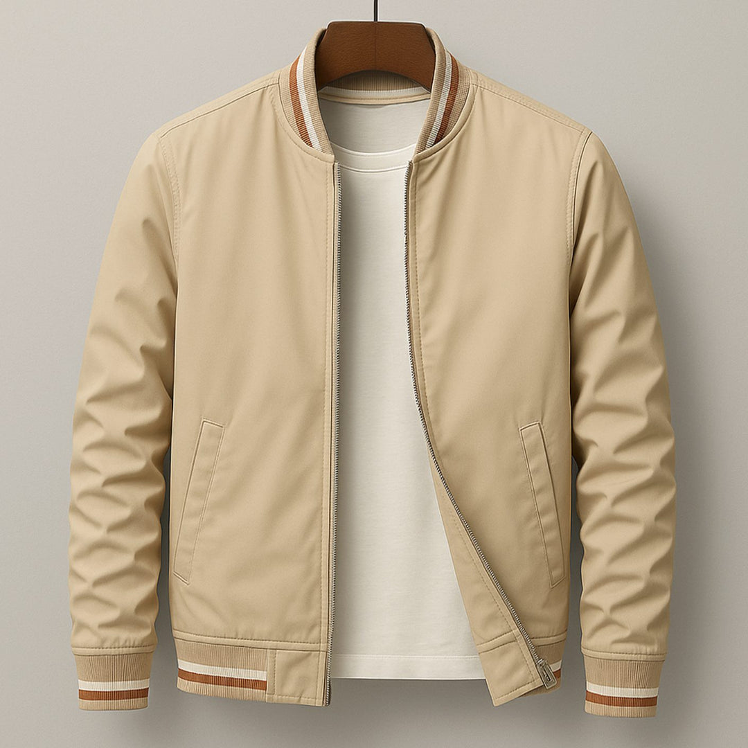 Men's Slim-Fit Zip-Up Bomber Jacket Striped Ribbed Trim - Beige
