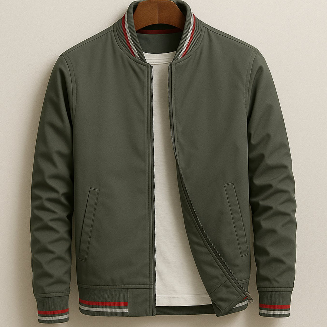 Men's Slim-Fit Zip-Up Bomber Jacket Striped Ribbed Trim - Grey