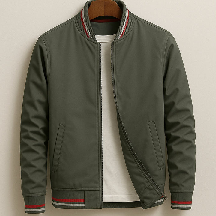Men's Slim-Fit Zip-Up Bomber Jacket Striped Ribbed Trim - Grey