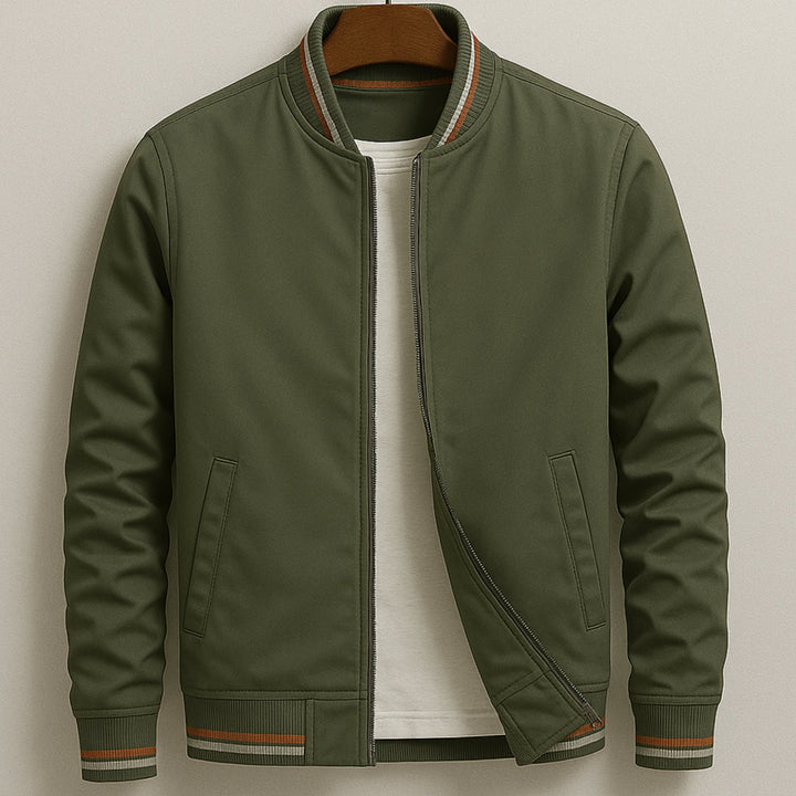 Men's Slim-Fit Zip-Up Bomber Jacket Striped Ribbed Trim - Green